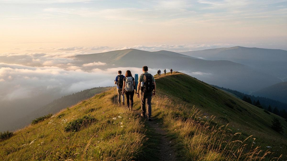 Hikers walking a ridge trail in the Carpathians just after sunrise
